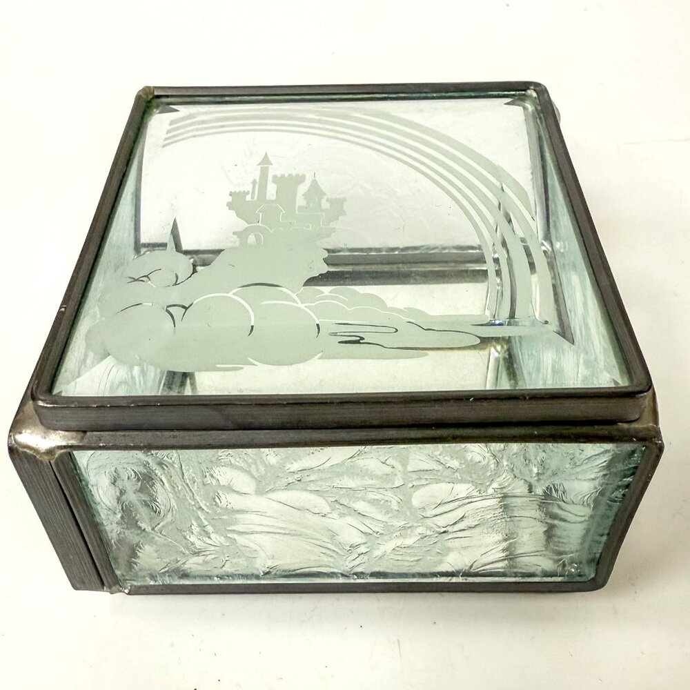 Vintage Disney Etched Castle Rainbow Metal Glass Display Mirror Square Box